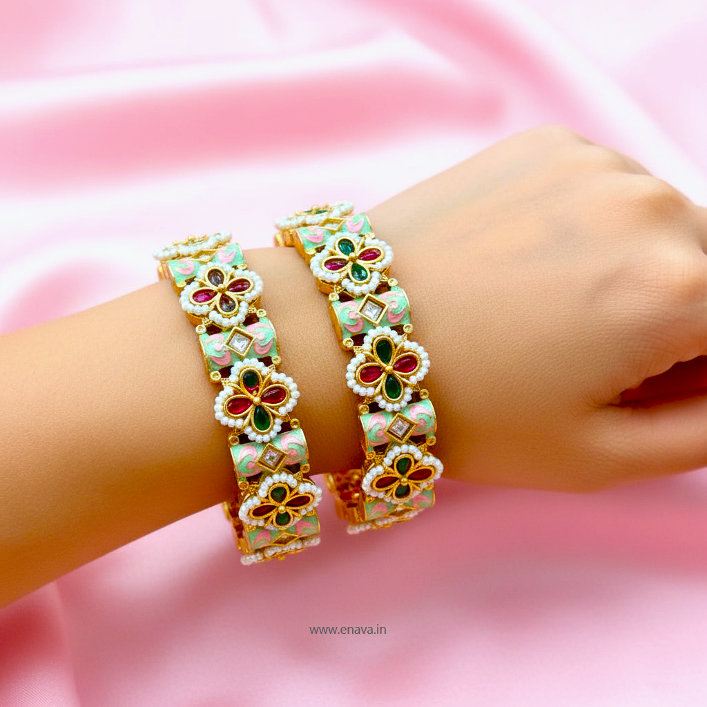Rajwadi Kundan Pearl Enamel Shringar Bangles by Enava