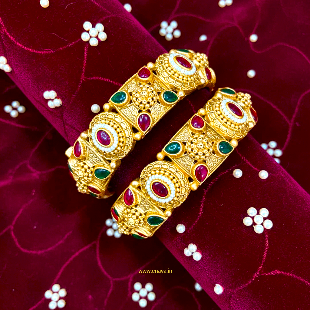 Rajwadi Green and Ruby Pink Kundan with Pearl Bangles by Enava