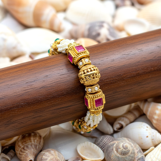 Golden White Antique Pearl Adjustable Bracelet with Gold Plating By Enava