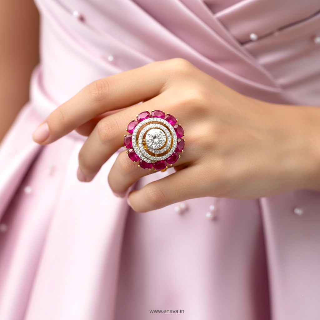 AD CZ Adjustable Finger Ring Ruby Pink Stone Gold Plating by Enava Ring Enava Jewels.