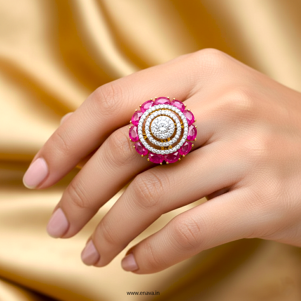 AD CZ Adjustable Finger Ring Ruby Pink Stone Gold Plating by Enava Ring Enava Jewels.