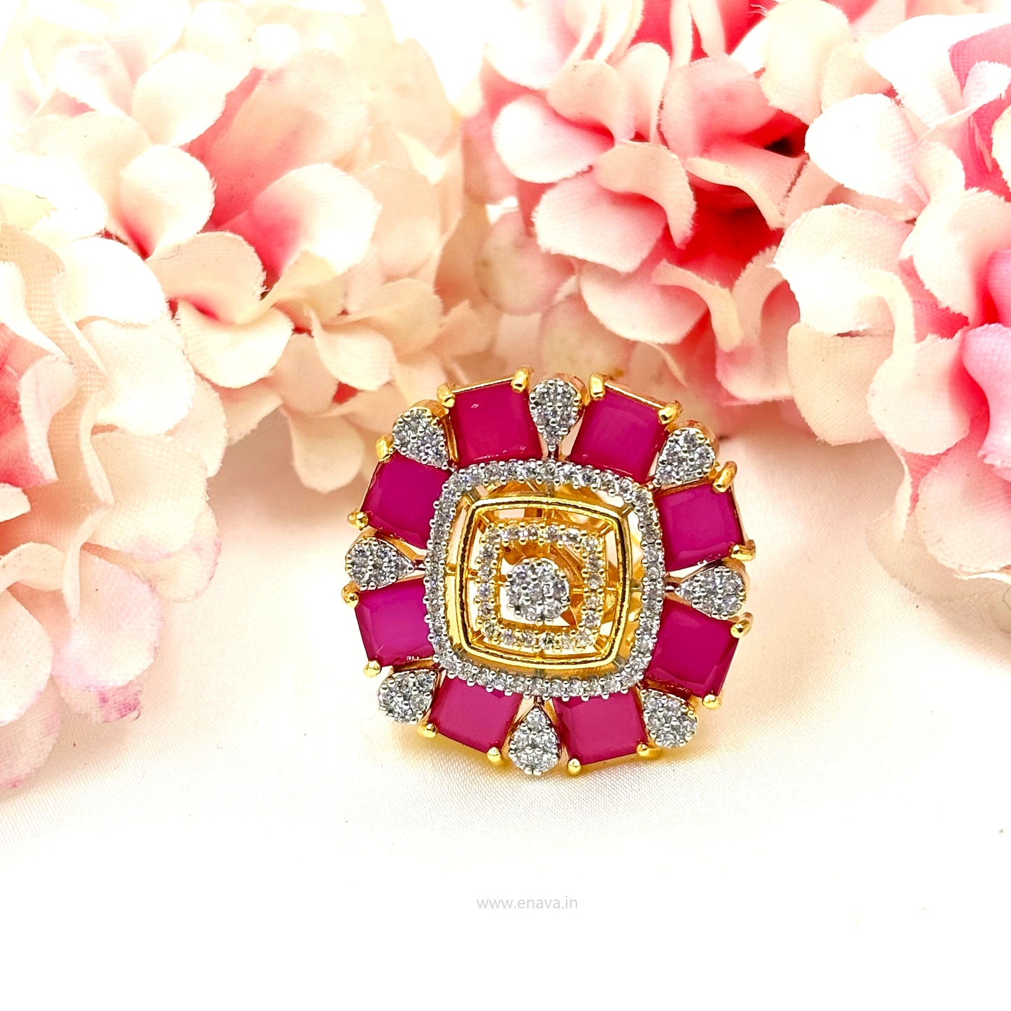 AD CZ Adjustable Finger Ring Ruby Pink Gold Plating by Enava Ring Enava Jewels.
