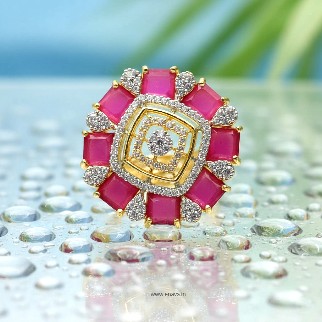 AD CZ Adjustable Finger Ring Ruby Pink Gold Plating by Enava Ring Enava Jewels.