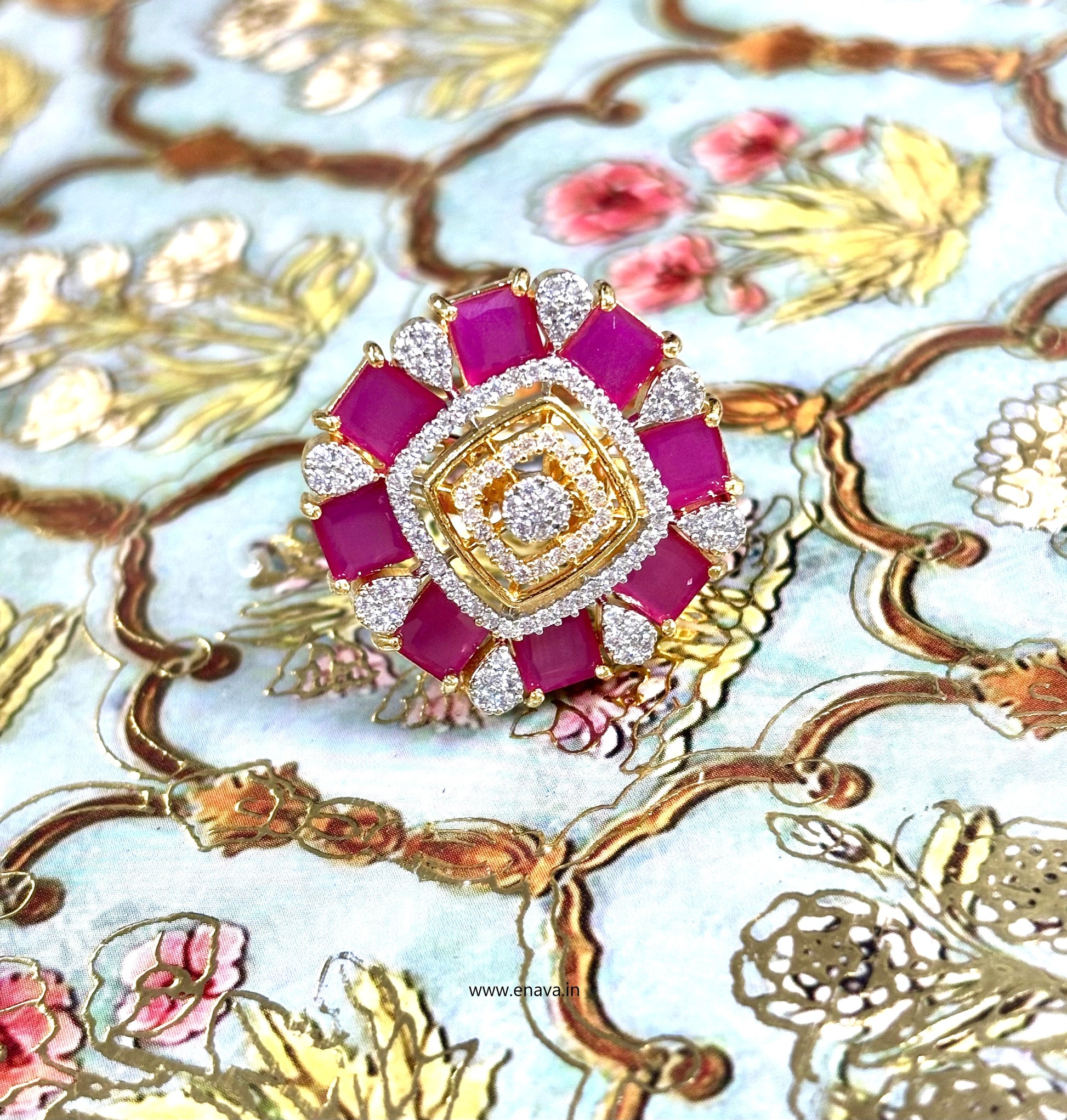 AD CZ Adjustable Finger Ring Ruby Pink Gold Plating by Enava Ring Enava Jewels.