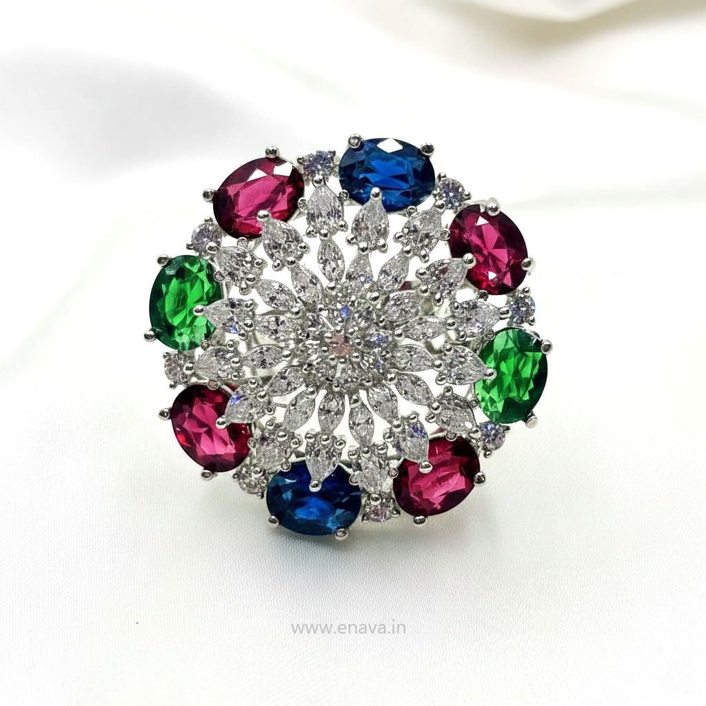 AD CZ Multi Color Stone Adjustable Finger Ring Round Rhodium Plating by Enava Ring Enava Jewels.