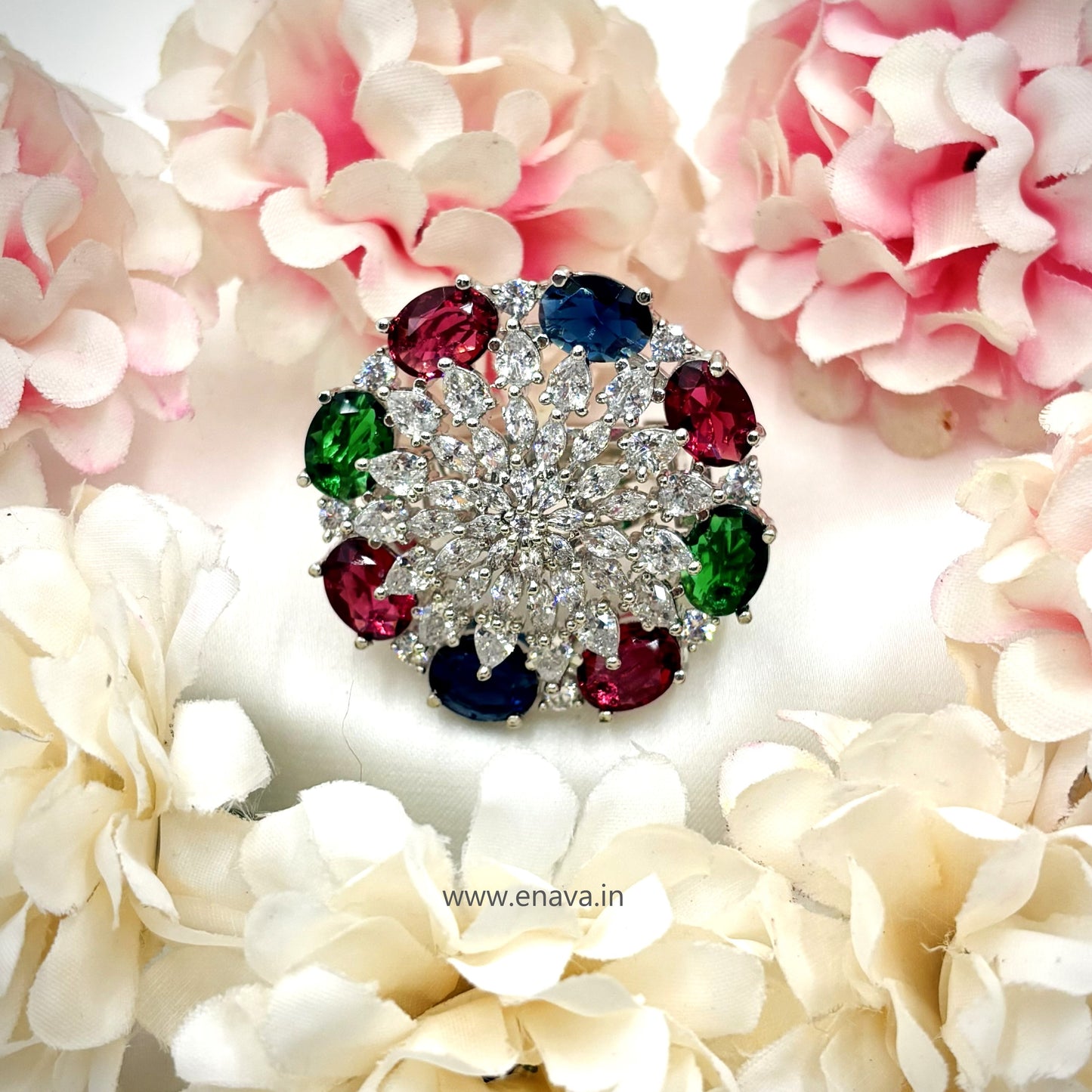 AD CZ Multi Color Stone Adjustable Finger Ring Round Rhodium Plating by Enava Ring Enava Jewels.