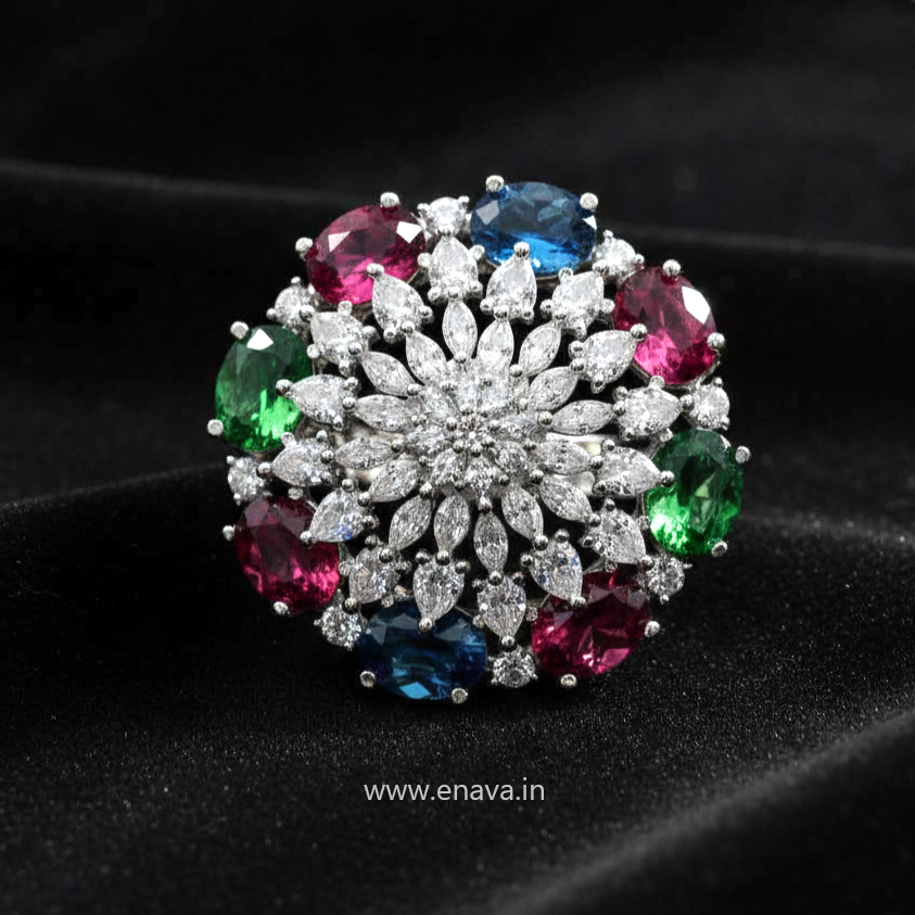 AD CZ Multi Color Stone Adjustable Finger Ring Round Rhodium Plating by Enava Ring Enava Jewels.