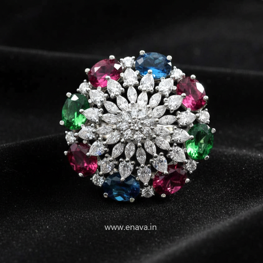 AD CZ Multi Color Stone Adjustable Finger Ring Round Rhodium Plating by Enava Ring Enava Jewels.