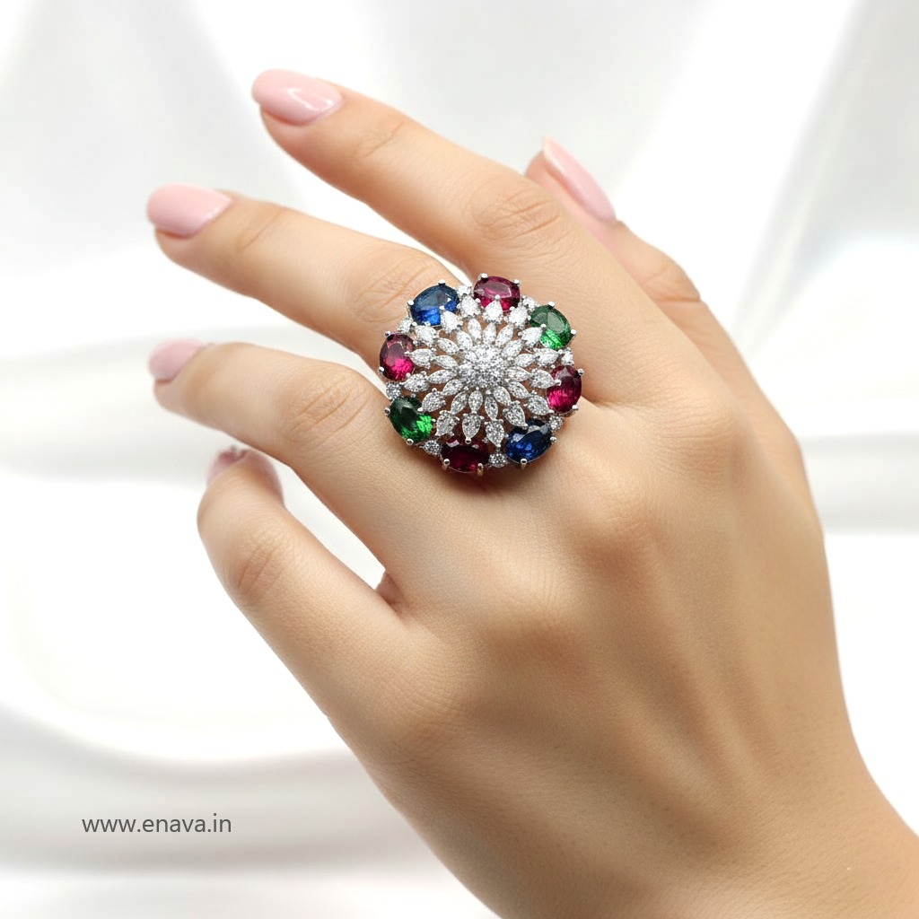 AD CZ Multi Color Stone Adjustable Finger Ring Round Rhodium Plating by Enava Ring Enava Jewels.