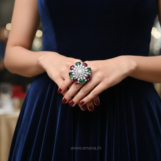 AD CZ Multi Color Stone Adjustable Finger Ring Round Rhodium Plating by Enava Ring Enava Jewels.