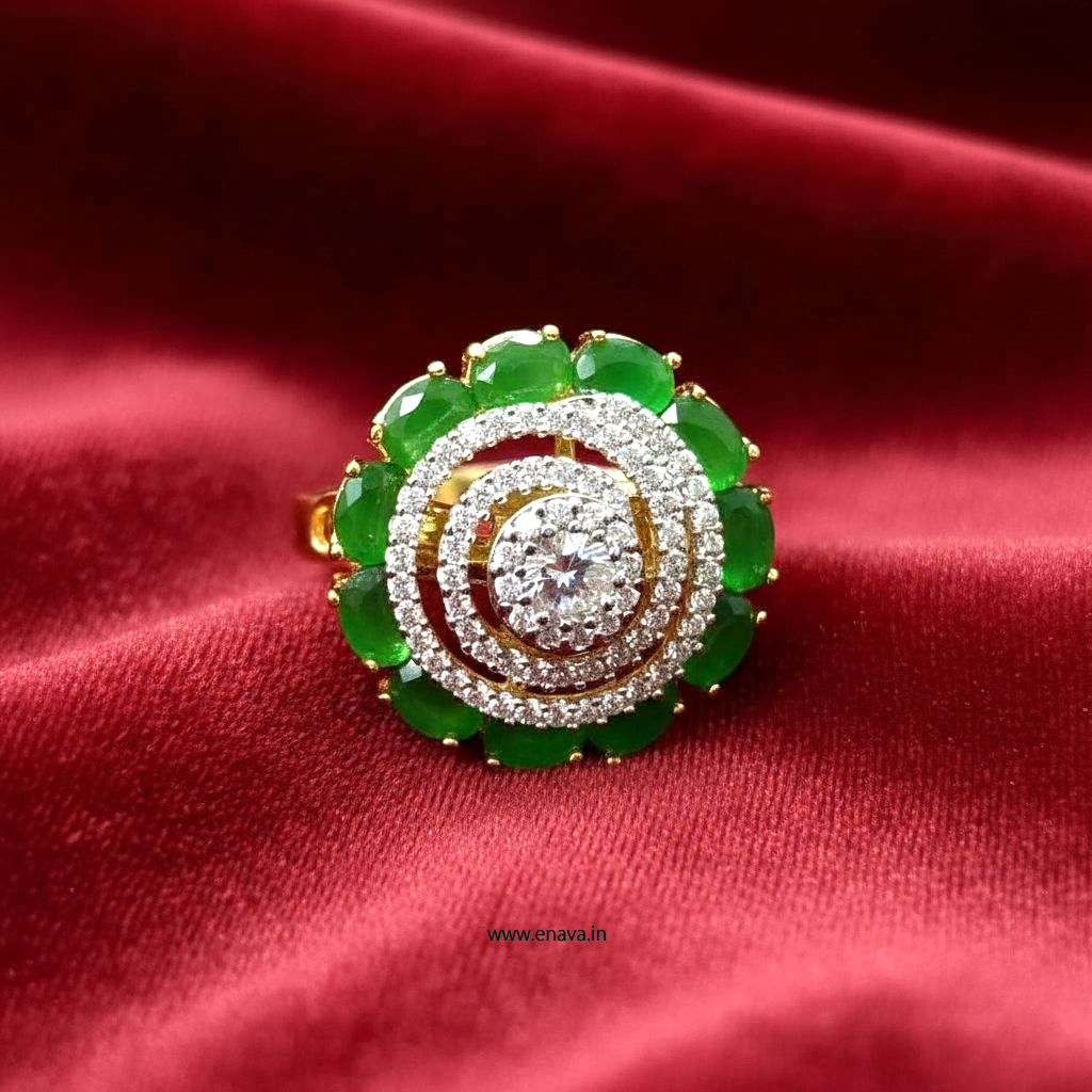 AD CZ Adjustable Finger Ring Green Stone Gold Plating by Enava Ring Enava Jewels.