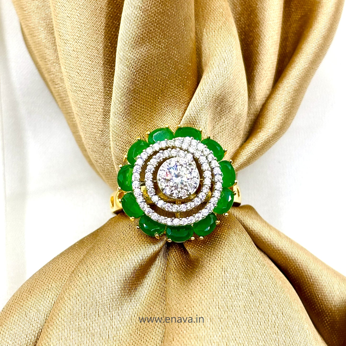 AD CZ Adjustable Finger Ring Green Stone Gold Plating by Enava Ring Enava Jewels.