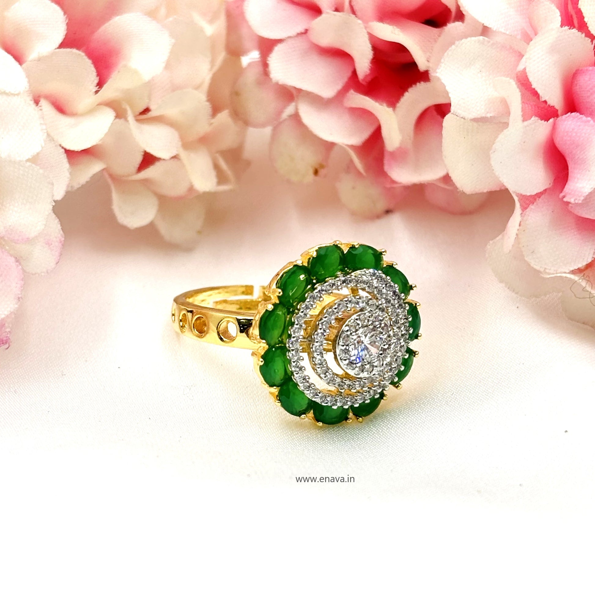 AD CZ Adjustable Finger Ring Green Stone Gold Plating by Enava Ring Enava Jewels.