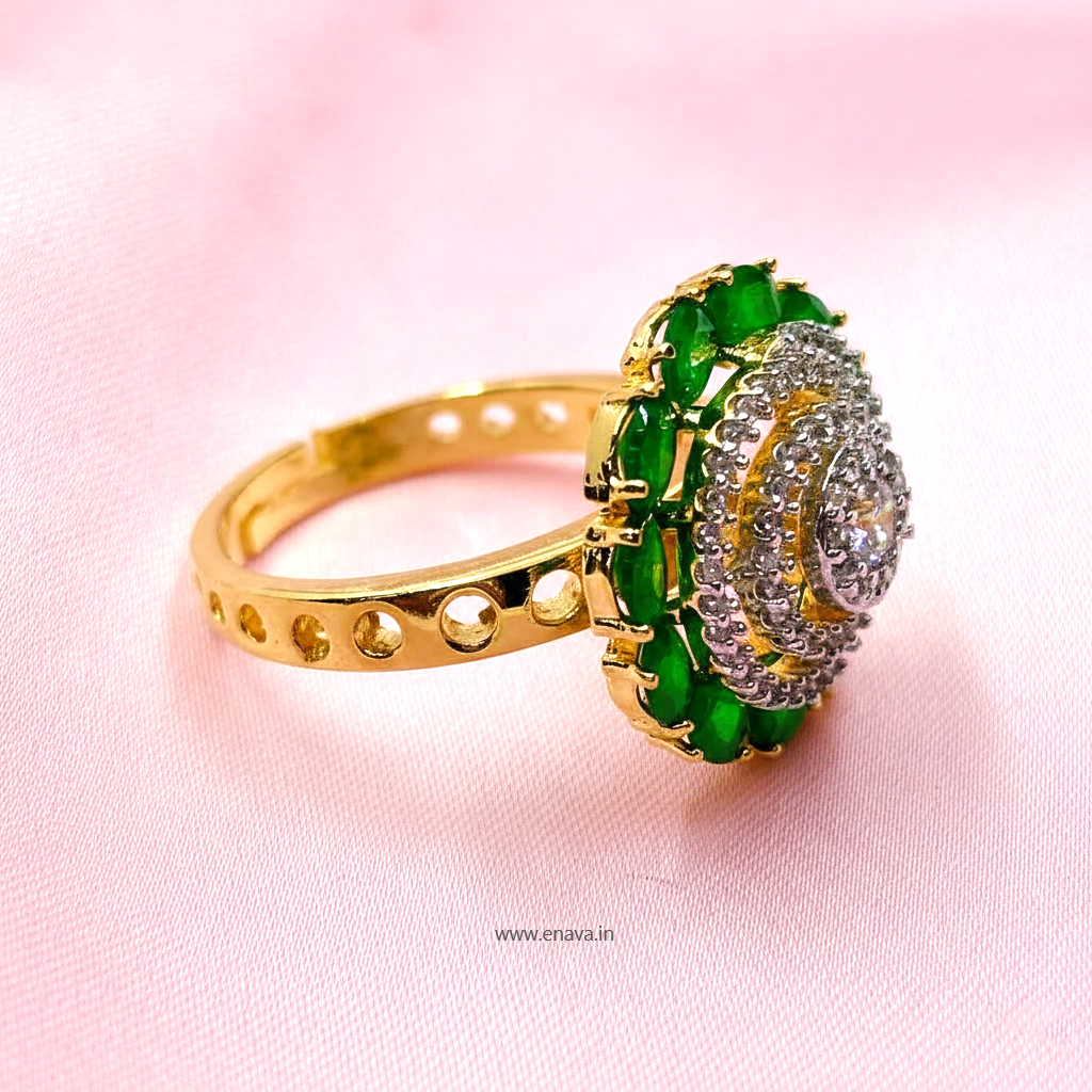 AD CZ Adjustable Finger Ring Green Stone Gold Plating by Enava Ring Enava Jewels.