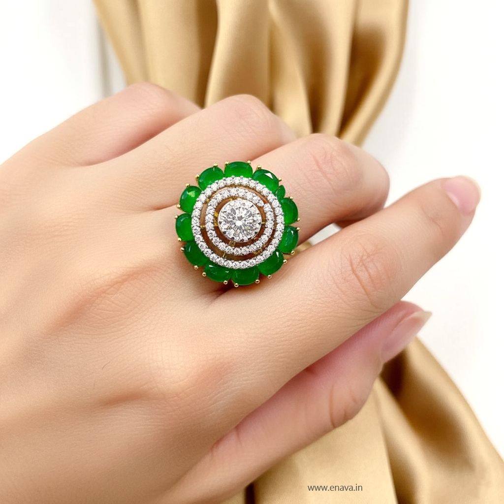 AD CZ Adjustable Finger Ring Green Stone Gold Plating by Enava Ring Enava Jewels.