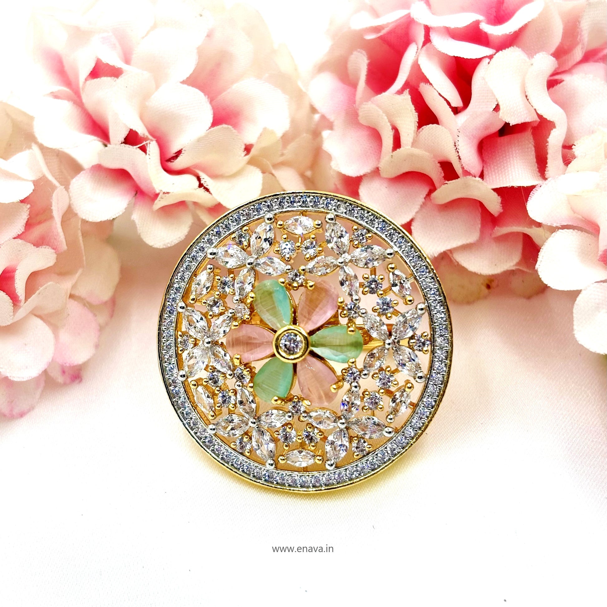 AD CZ Adjustable Finger Ring Round Golden Tone Rhodium Plating by Enava Ring Enava Jewels.