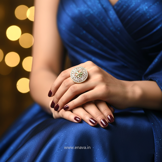 AD CZ Adjustable Finger Ring Round Golden Tone Rhodium Plating by Enava Ring Enava Jewels.