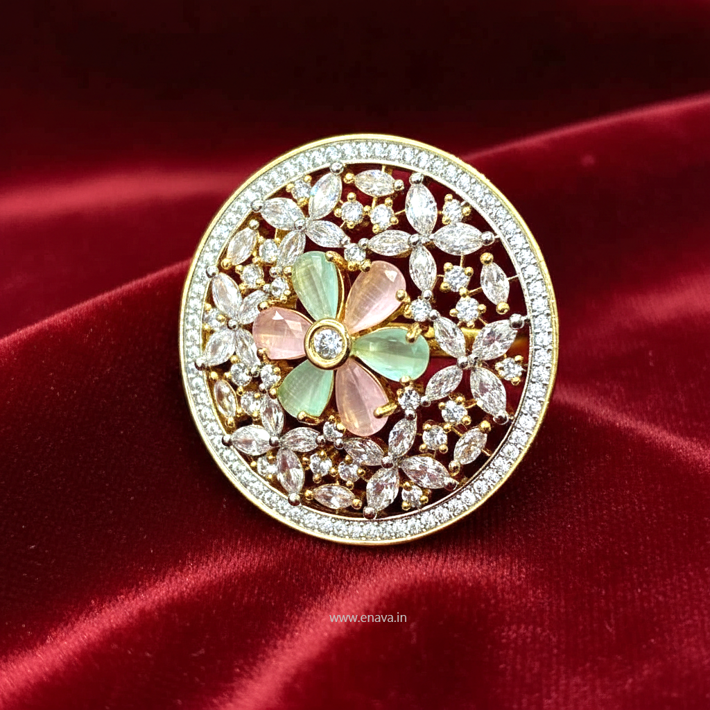 AD CZ Adjustable Finger Ring Round Golden Tone Rhodium Plating by Enava Ring Enava Jewels.