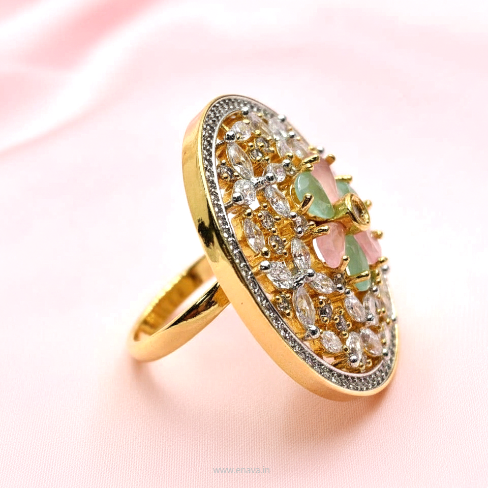 AD CZ Adjustable Finger Ring Round Golden Tone Rhodium Plating by Enava Ring Enava Jewels.