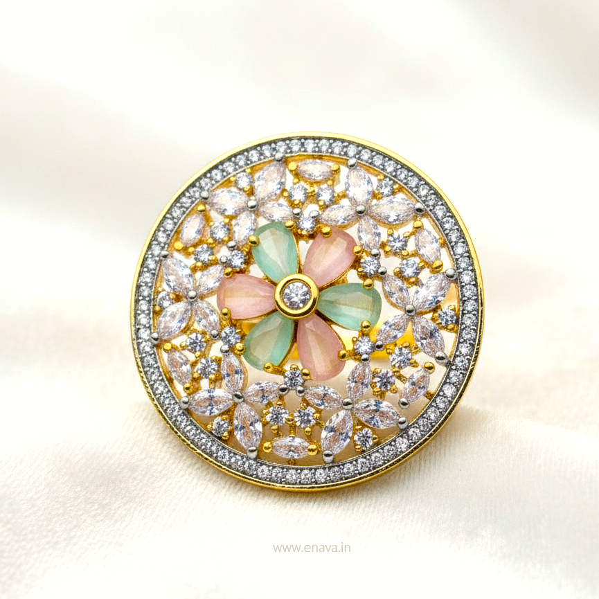 AD CZ Adjustable Finger Ring Round Golden Tone Rhodium Plating by Enava Ring Enava Jewels.