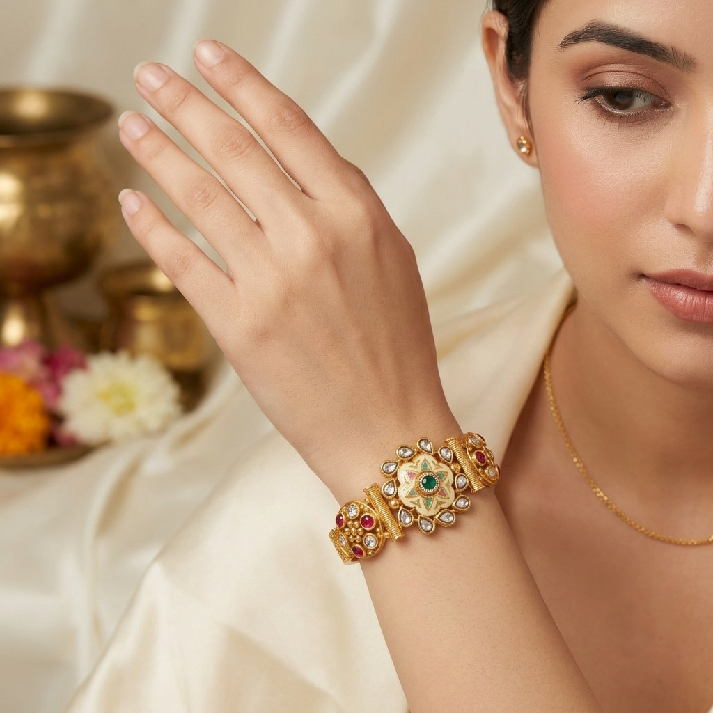 Avani Meena Ethnic & Traditional Golden Bracelet by ENAVA featuring floral Meenakari design, kundan-style stones, ruby and green accents, traditional Rajwadi heritage jewellery with elegant golden finish for weddings and festive wear.