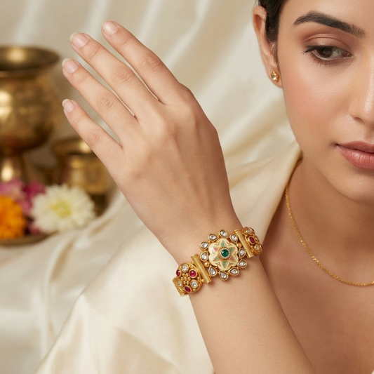 Avani Meena Ethnic & Traditional Golden Bracelet by ENAVA featuring floral Meenakari design, kundan-style stones, ruby and green accents, traditional Rajwadi heritage jewellery with elegant golden finish for weddings and festive wear.