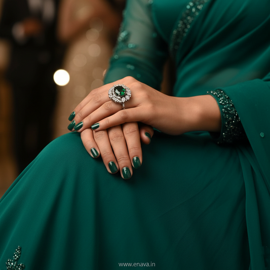 Emerald Green Stone Adjustable Ring With Black Silver Finish By Enava