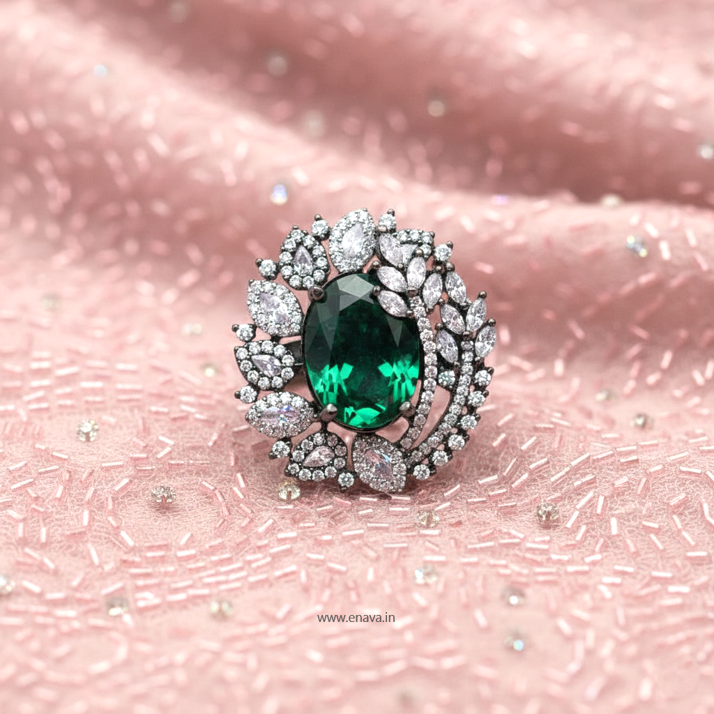 Emerald Green Stone Adjustable Ring With Black Silver Finish By Enava Ring Enava Jewels.