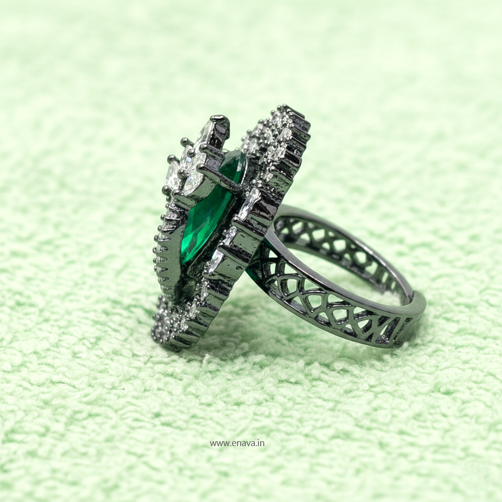 Emerald Green Stone Adjustable Ring With Black Silver Finish By Enava Ring Enava Jewels.