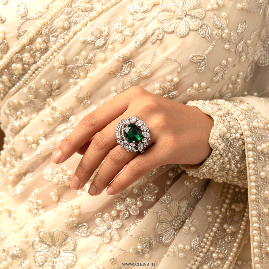 Emerald Green Stone Adjustable Ring With Black Silver Finish By Enava Ring Enava Jewels.