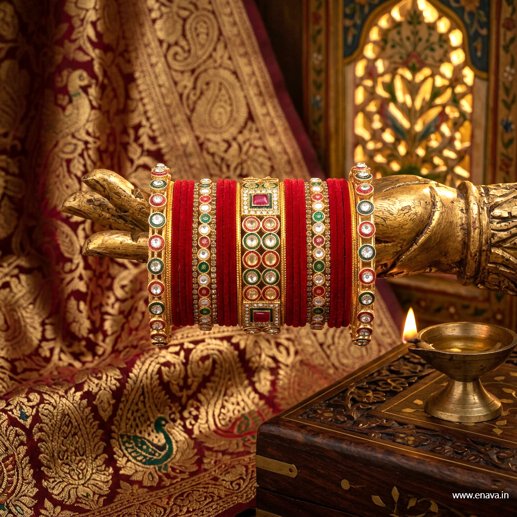 Bridal Set Kundan Stone Meenakari with Red Velvet Bangles by Enava