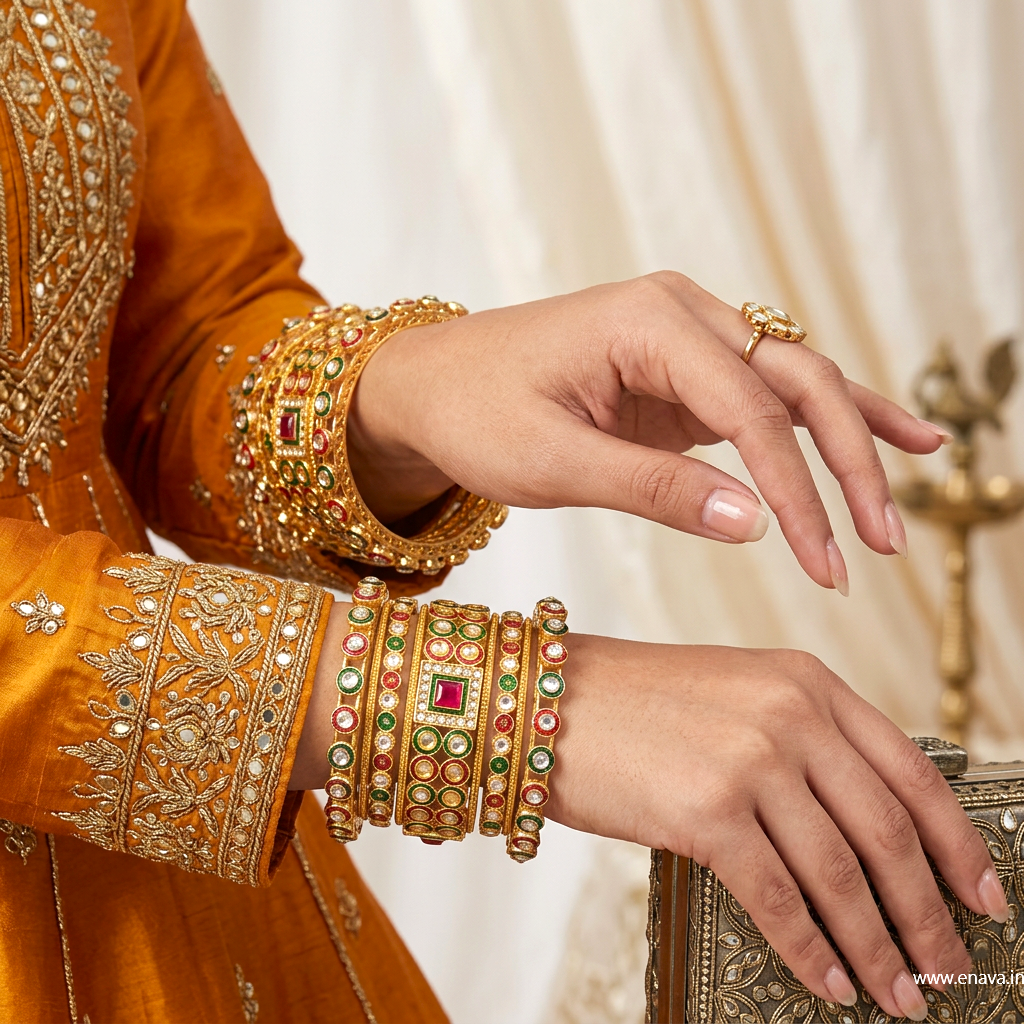 Bridal Set Kundan Stone Meenakari with Red Velvet Bangles by Enava