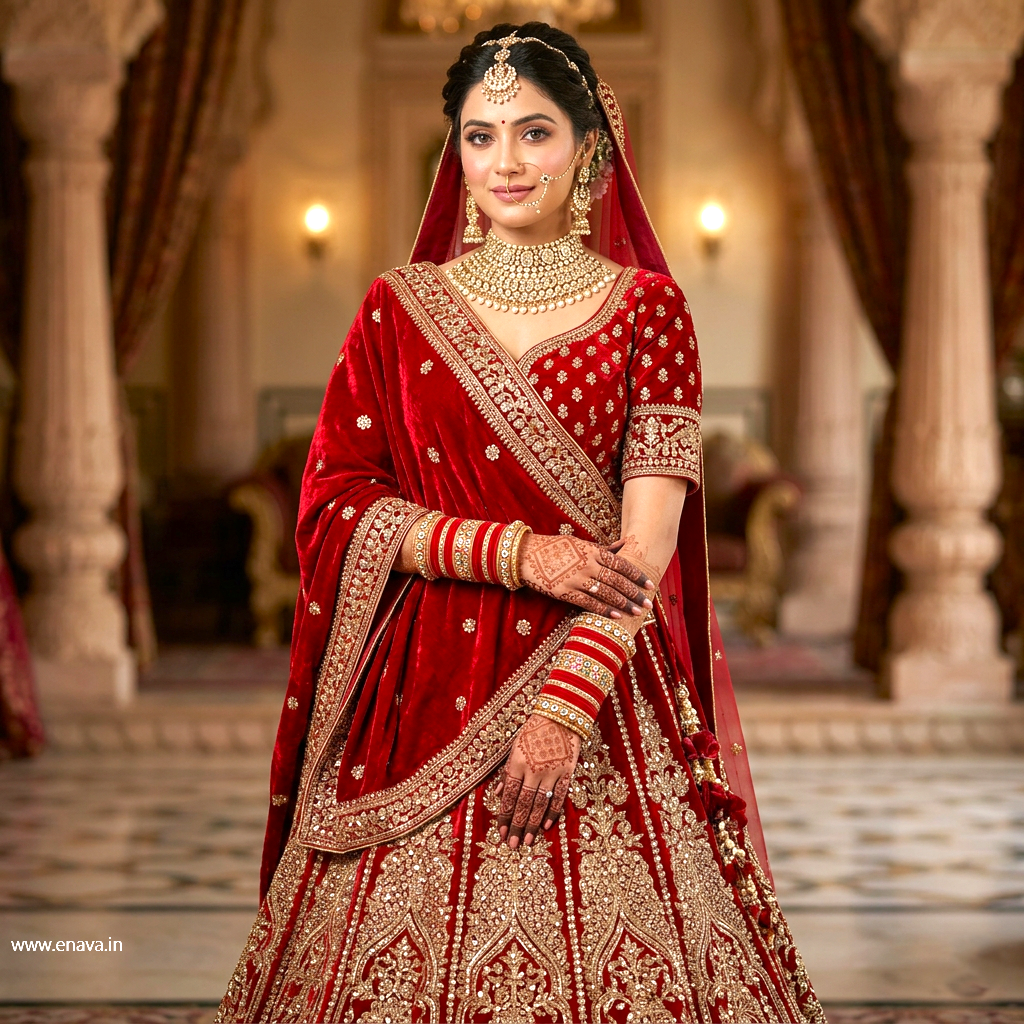 Bridal Set Kundan Stone Meenakari with Red Velvet Bangles by Enava