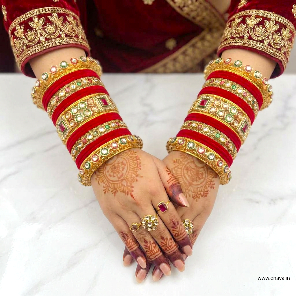 Bridal Set Kundan Stone Meenakari with Red Velvet Bangles by Enava