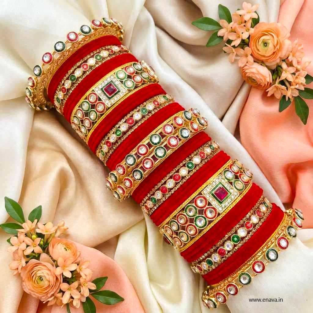 Bridal Set Kundan Stone Meenakari with Red Velvet Bangles by Enava