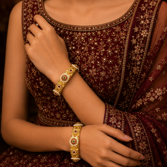 A close-up of a person wearing ornate gold-toned traditional bangles with red and white stone accents, paired with a deep maroon embellished outfit.