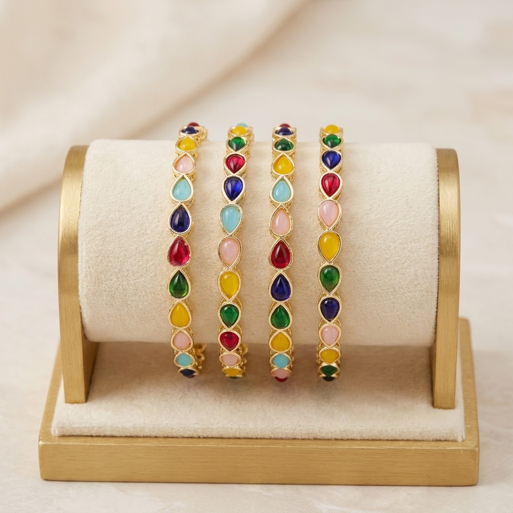 ENAVA Designer Multicolor Stone Side Bangles for Women – Colorful Stone Filler and Stacking Bangles