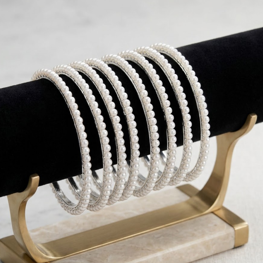 Designer Pearl Silver Filler Bangles with elegant pearl detailing and silver-tone finish, slim filler bangles for bangle stacking, bridal and festive jewellery by ENAVA.