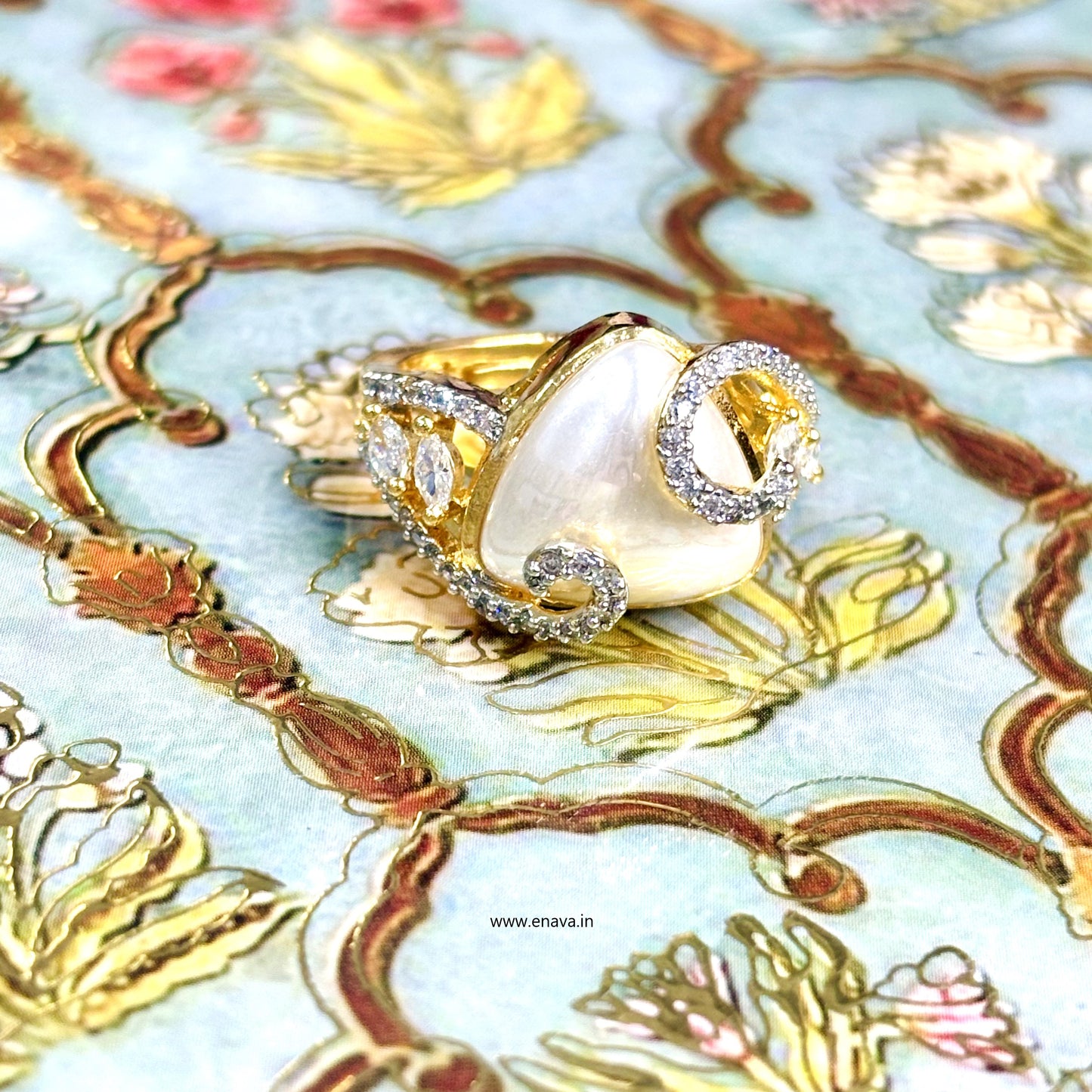 Pearl AD CZ Gold Plated Adjustable Ring by Enava Ring Enava Jewels.