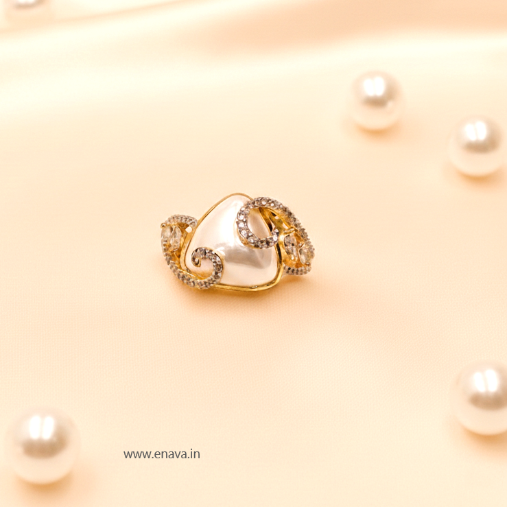 Pearl AD CZ Gold Plated Adjustable Ring by Enava Ring Enava Jewels.