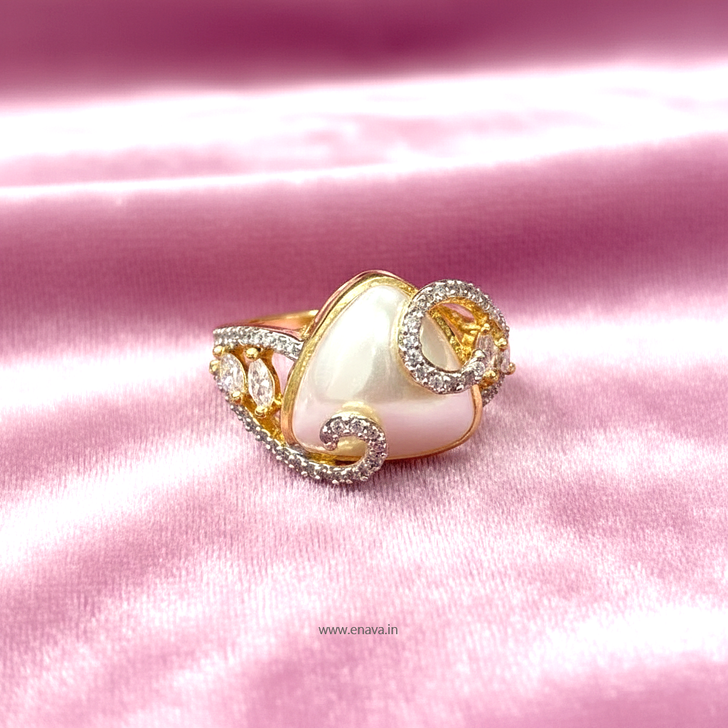 Pearl AD CZ Gold Plated Adjustable Ring by Enava Ring Enava Jewels.