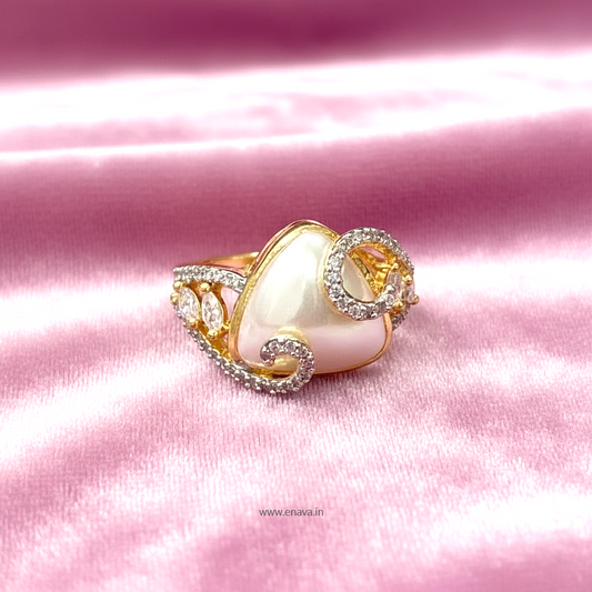 Pearl AD CZ Gold Plated Adjustable Ring by Enava Ring Enava Jewels.
