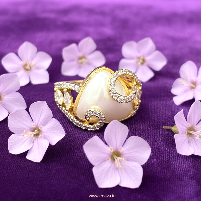 Pearl AD CZ Gold Plated Adjustable Ring by Enava Ring Enava Jewels.