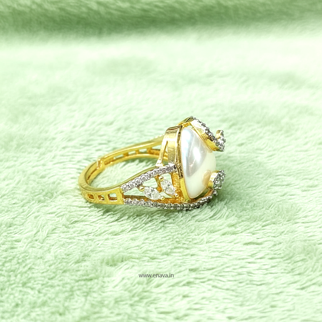 Pearl AD CZ Gold Plated Adjustable Ring by Enava Ring Enava Jewels.