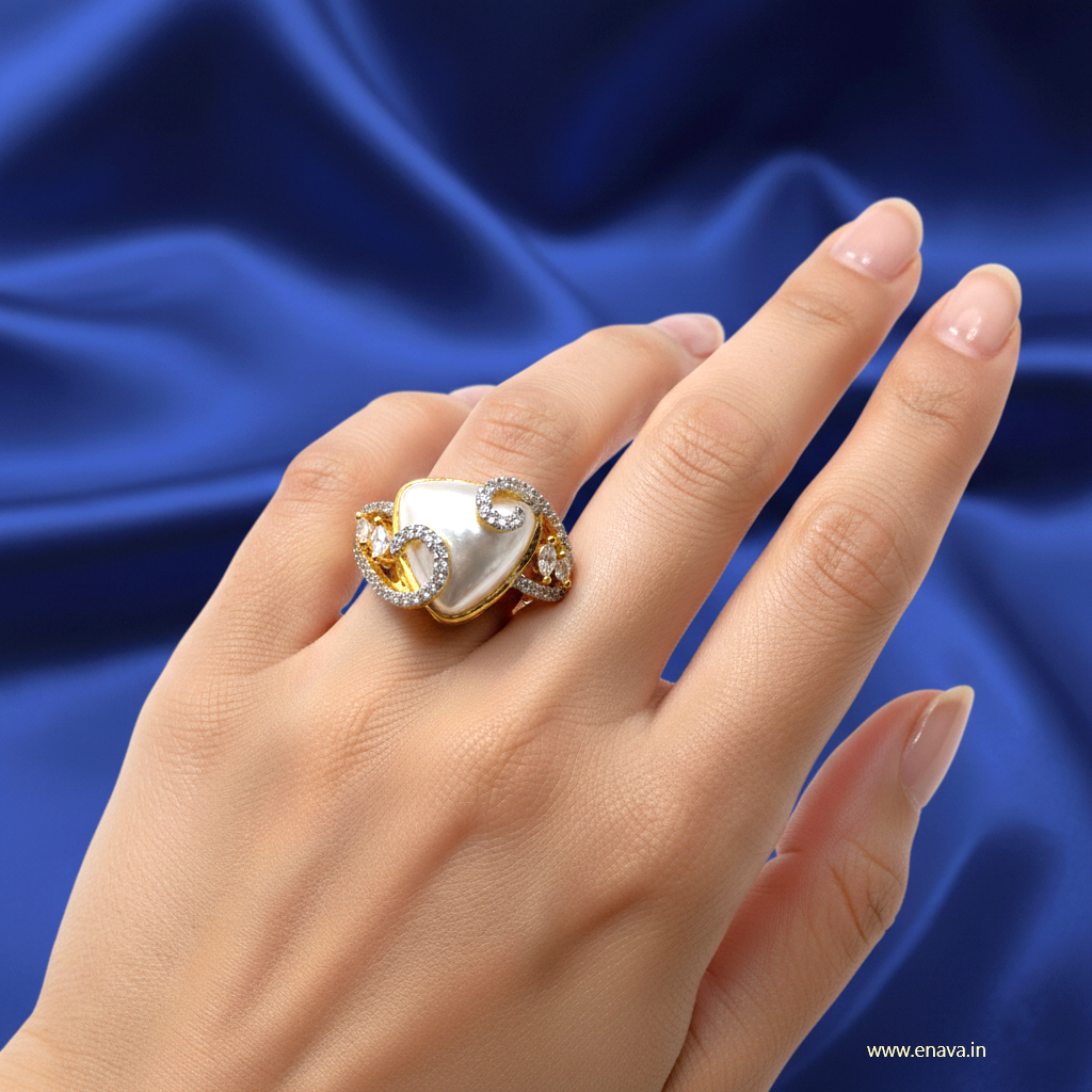 Pearl AD CZ Gold Plated Adjustable Ring by Enava Ring Enava Jewels.