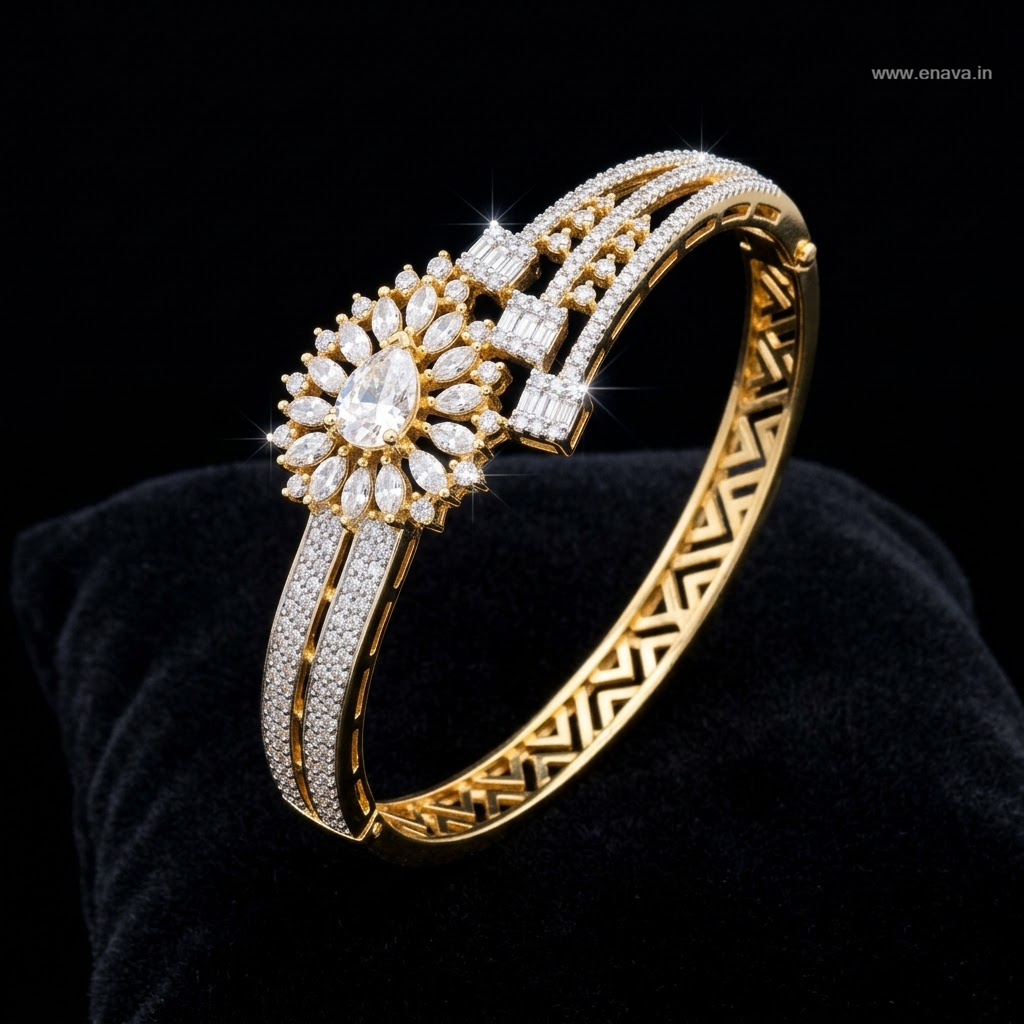 Diamond Magic AD Bracelet with large pear-shaped American Diamond center stone, sparkling marquise AD stones and gold-tone designer detailing by ENAVA.