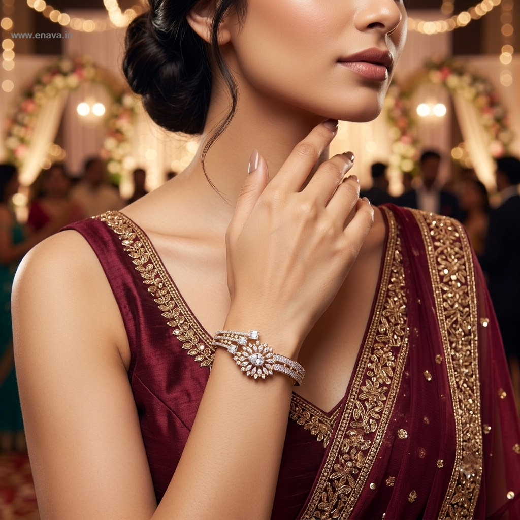 Diamond Magic AD Bracelet with large pear-shaped American Diamond center stone, sparkling marquise AD stones and gold-tone designer detailing by ENAVA.