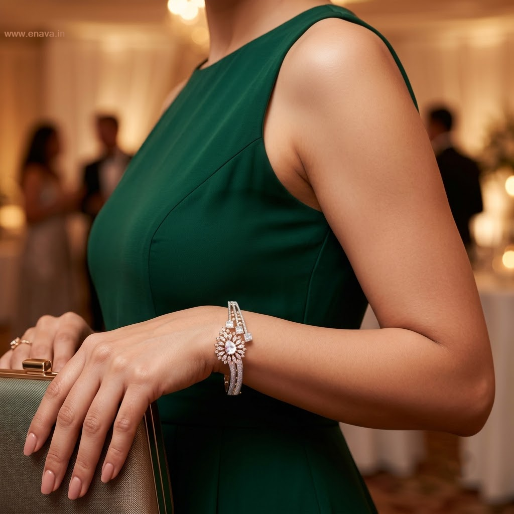 Diamond Magic AD Bracelet with large pear-shaped American Diamond center stone, sparkling marquise AD stones and gold-tone designer detailing by ENAVA.