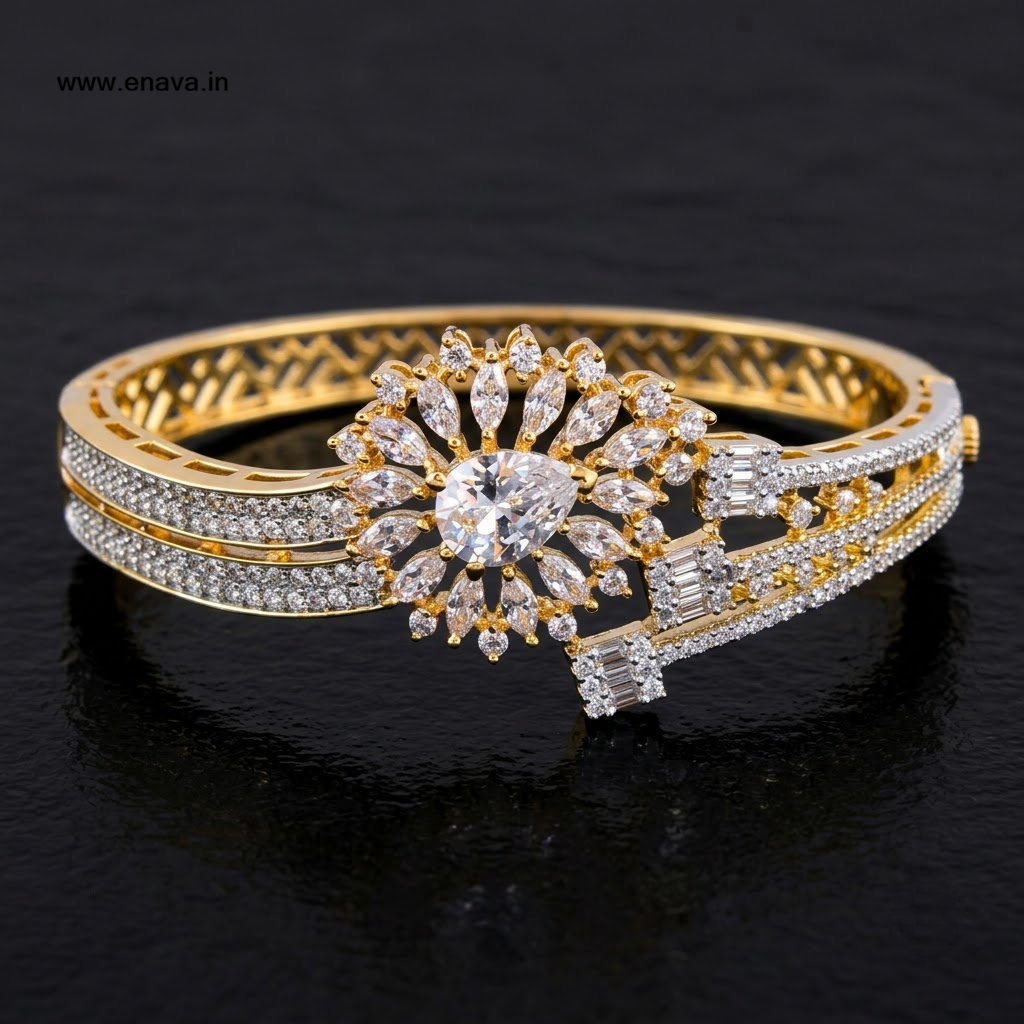 Diamond Magic AD Bracelet with large pear-shaped American Diamond center stone, sparkling marquise AD stones and gold-tone designer detailing by ENAVA.