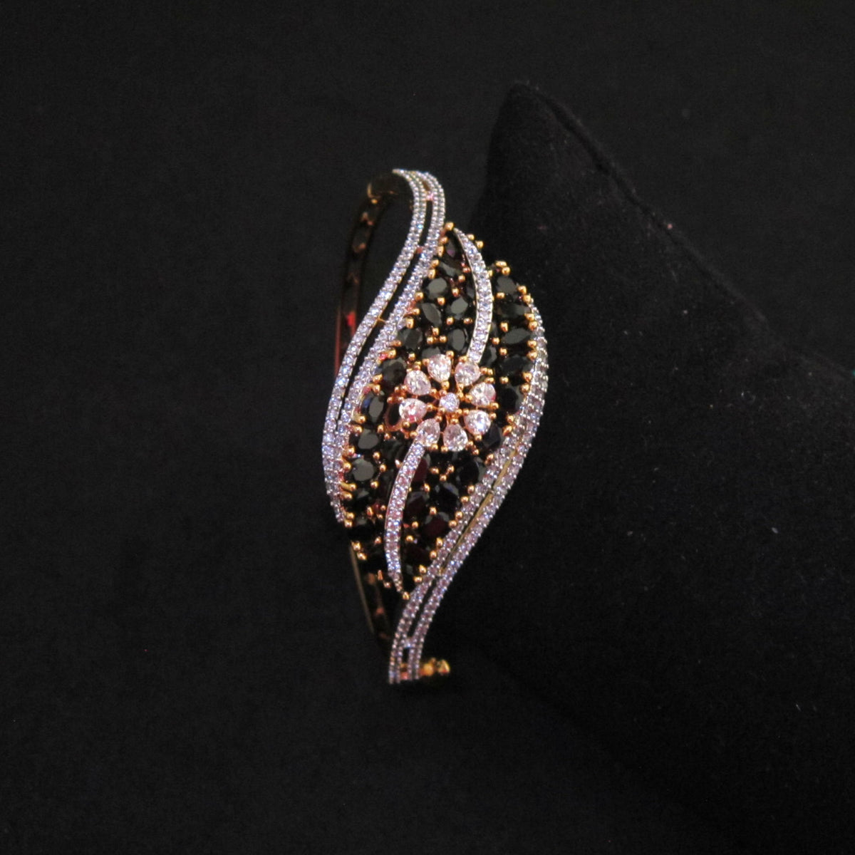 Eclipse Black AD Bracelet with black American Diamond AD stones in an elegant designer pattern, sophisticated statement bracelet for women by ENAVA.